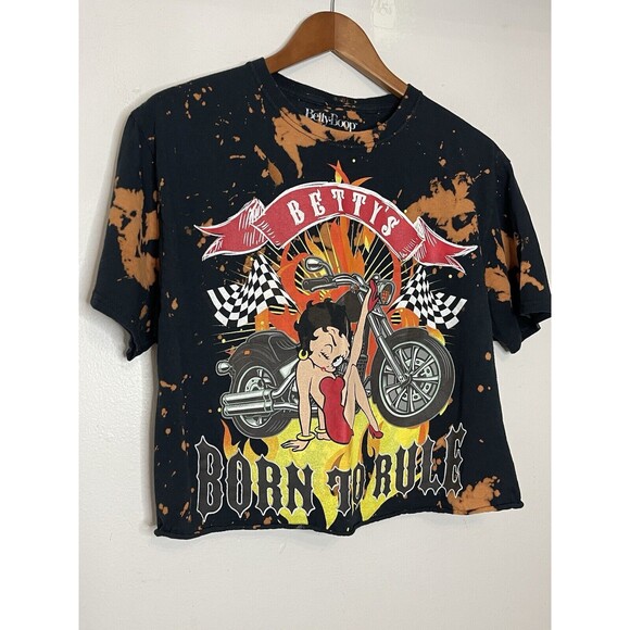 Betty Boop "Born To Rule" Crop Top TShirt Raw Hem Graphic Tee Women's Medium - Picture 2 of 5